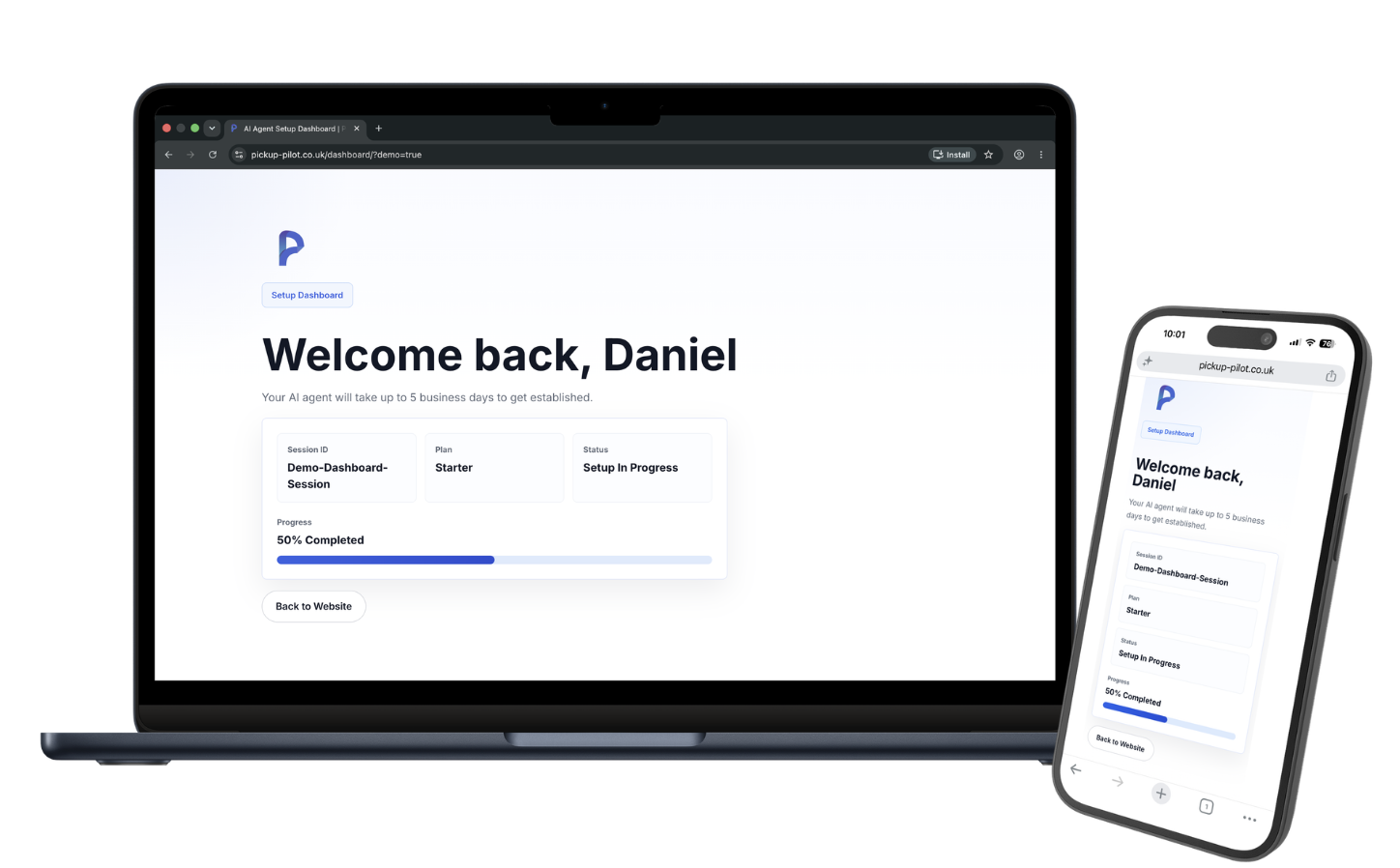 PickupPilot dashboard shown on laptop and mobile devices